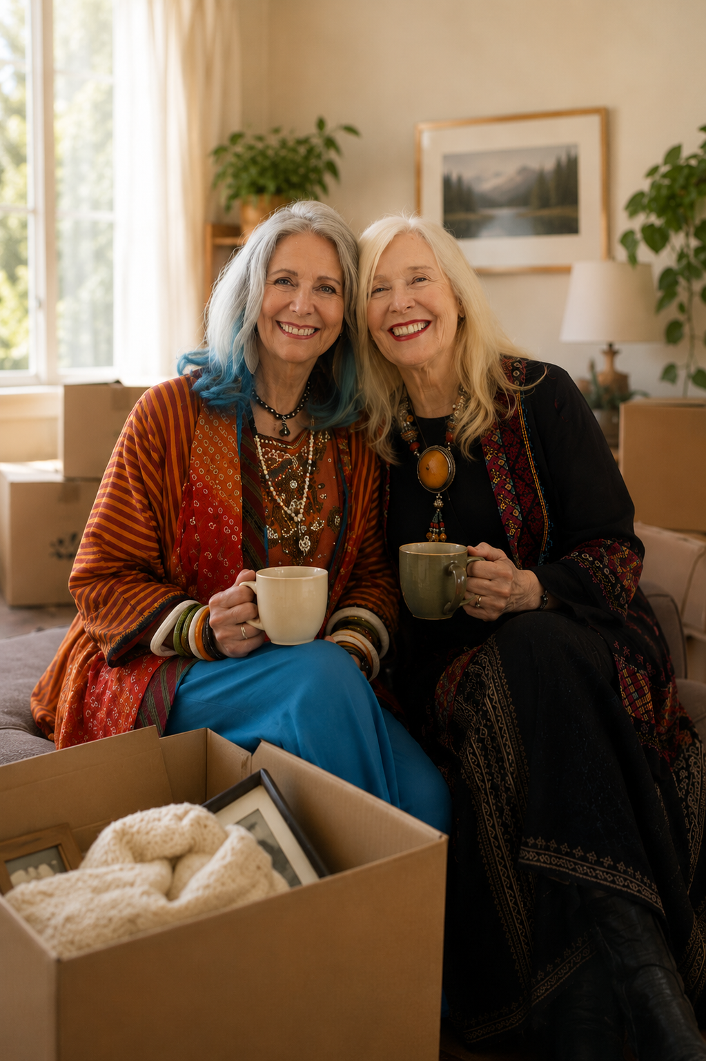 Two older adults smiling together while sorting belongings during a home transition.