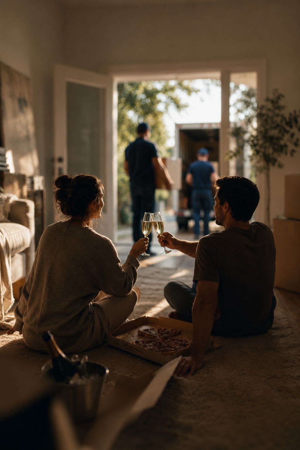 A young couple celebrates while movers carry boxes into their new home.